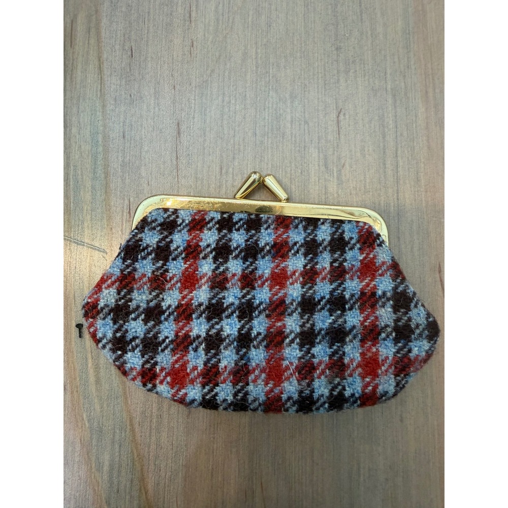 Vintage Preppy Houndstooth Kiss Lock Coin Purse Red Blue Brown Wool Small
